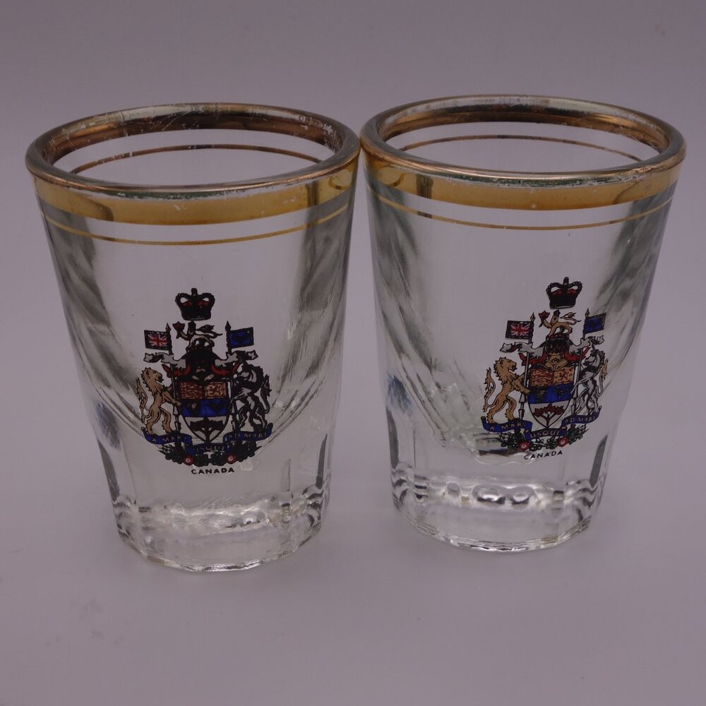 Set of Two(2) Canada A Mari usque ad Mare Shot Glasses with Gold Rim